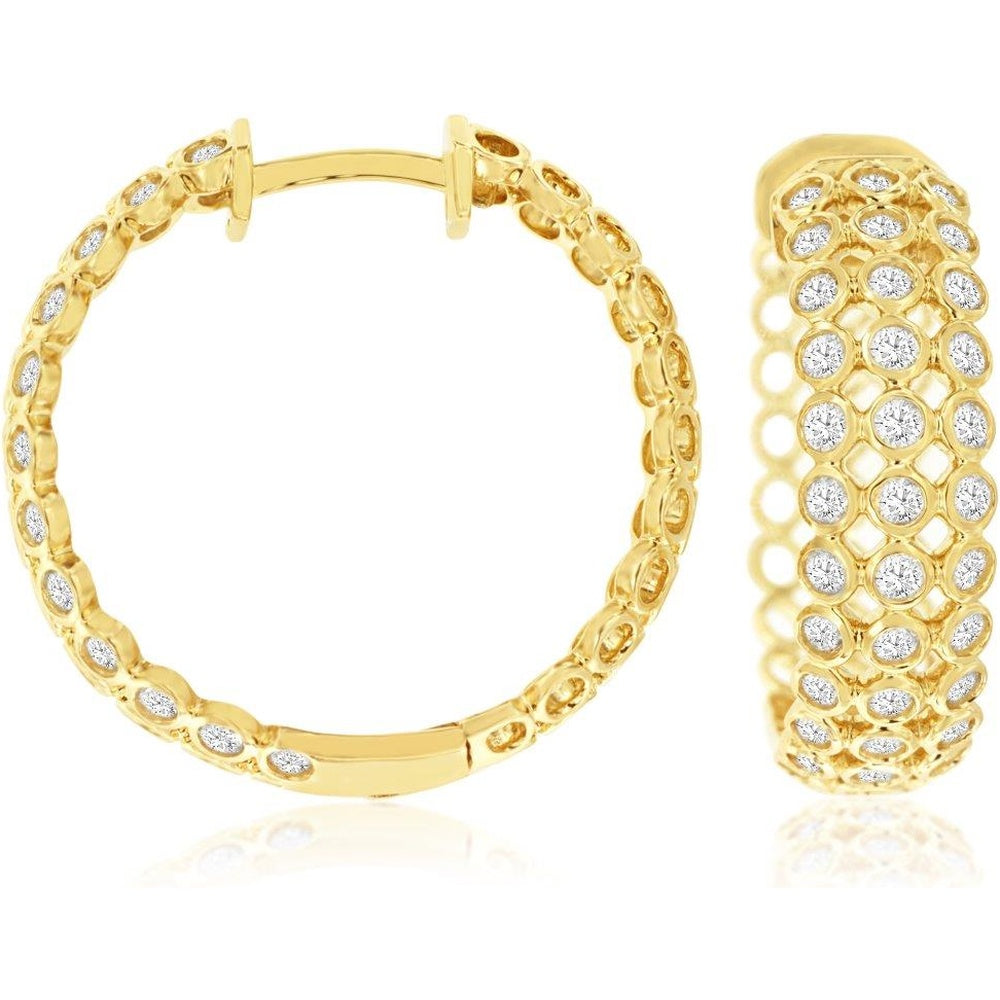 14K Yellow Gold Medium Hoop Earrings with Geometric Bezel-Set Round Diamonds - 1.00 Carat Total Diamond Weight - Royal Jewelry