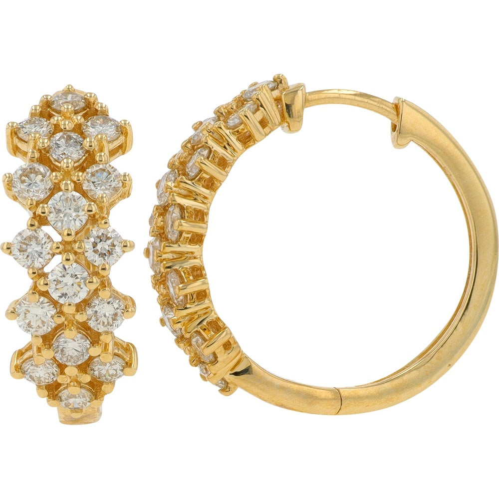 14K Yellow Gold Medium Hoop Earrings with Multi-Row Shared-Prong Round Diamonds - 2.00 Carat Total Diamond Weight
