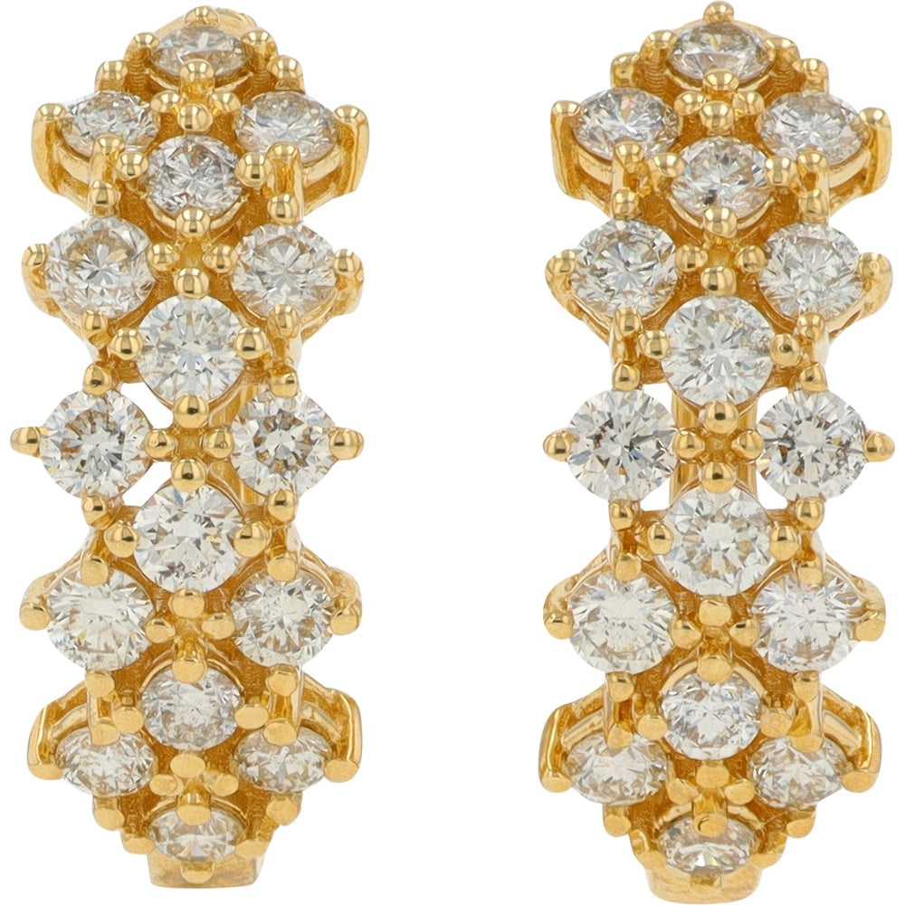 14K Yellow Gold Medium Hoop Earrings with Multi-Row Shared-Prong Round Diamonds - 2.00 Carat Total Diamond Weight