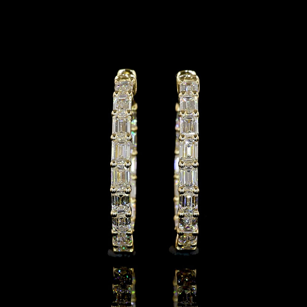 14K Yellow Gold Medium Hoop Earrings with North-South Prong Set Emerald Cut Lab Diamonds - 3.63 Carat Total Weight - Covaloro Fine Jewelry