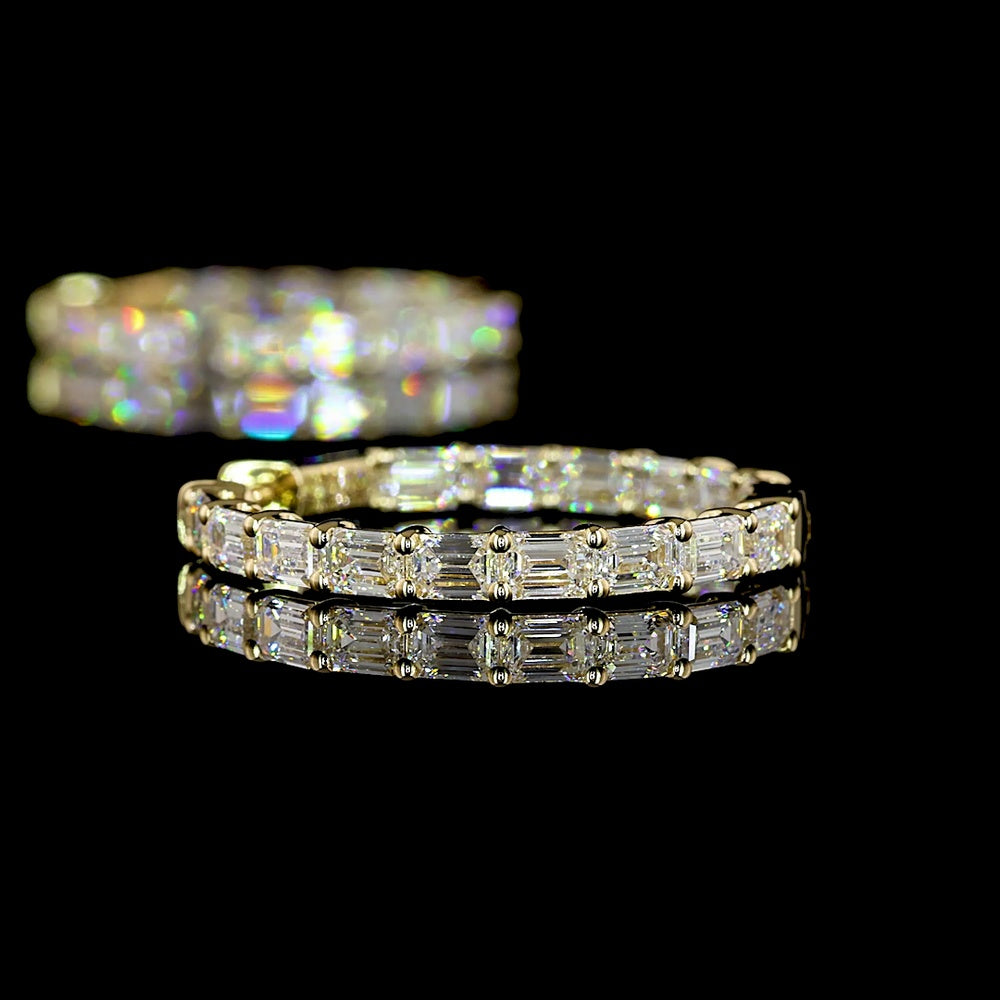 14K Yellow Gold Medium Hoop Earrings with North-South Prong Set Emerald Cut Lab Diamonds - 3.63 Carat Total Weight - Covaloro Fine Jewelry