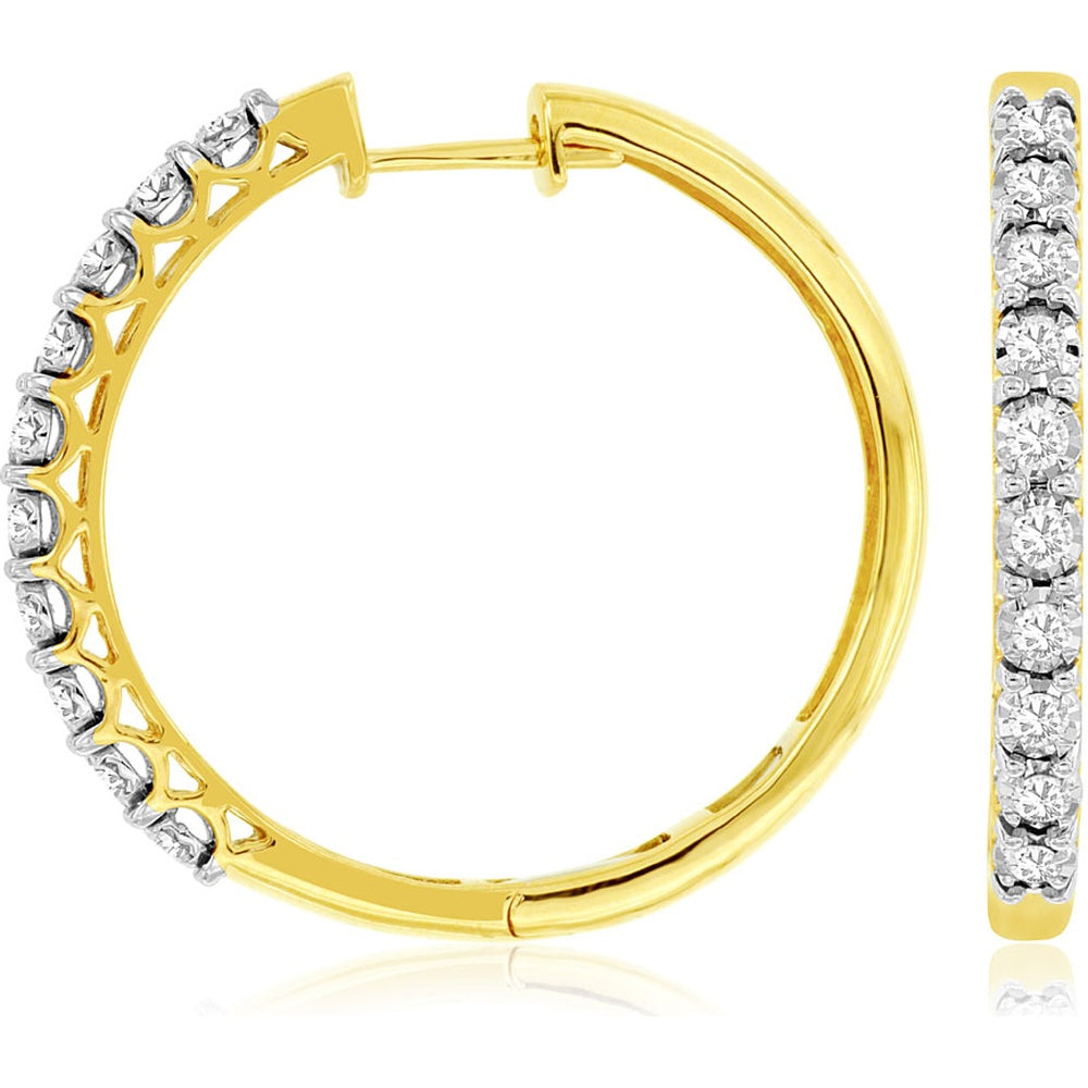14K Yellow Gold Medium Hoop Earrings with Pavé Set Round Diamonds - 1.00 Carat Total Diamond Weight - Royal Jewelry