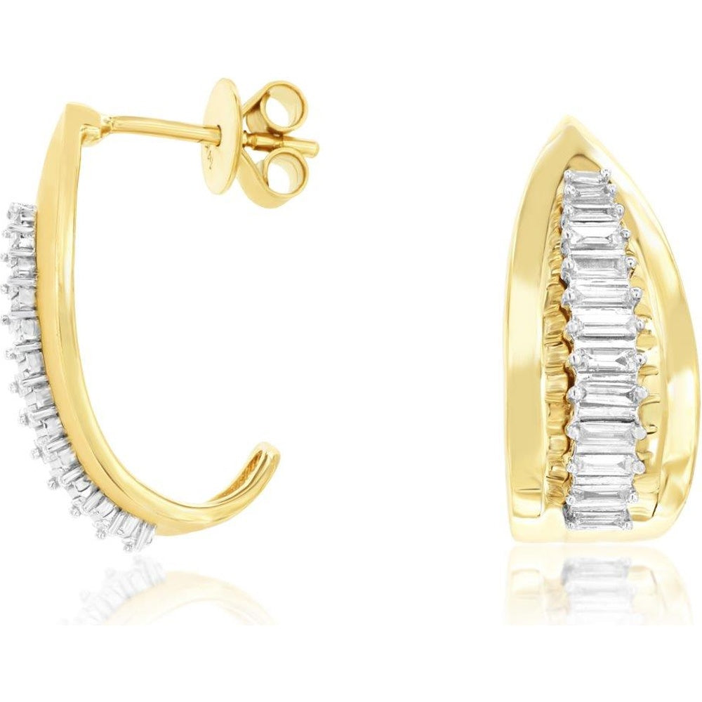 14K Yellow Gold Medium Hoop Earrings with Prong-Set Baguette Diamonds - 0.45 Carat Total Diamond Weight - Royal Jewelry