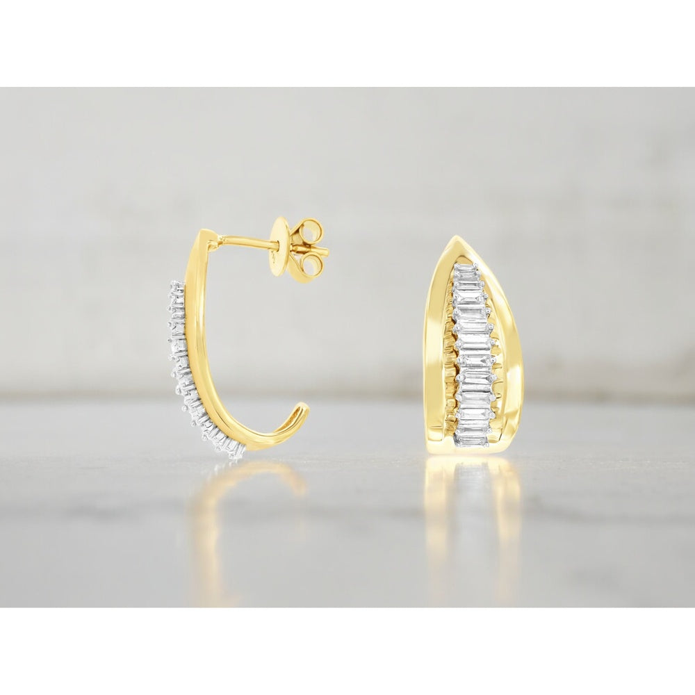 14K Yellow Gold Medium Hoop Earrings with Prong-Set Baguette Diamonds - 0.45 Carat Total Diamond Weight - Royal Jewelry