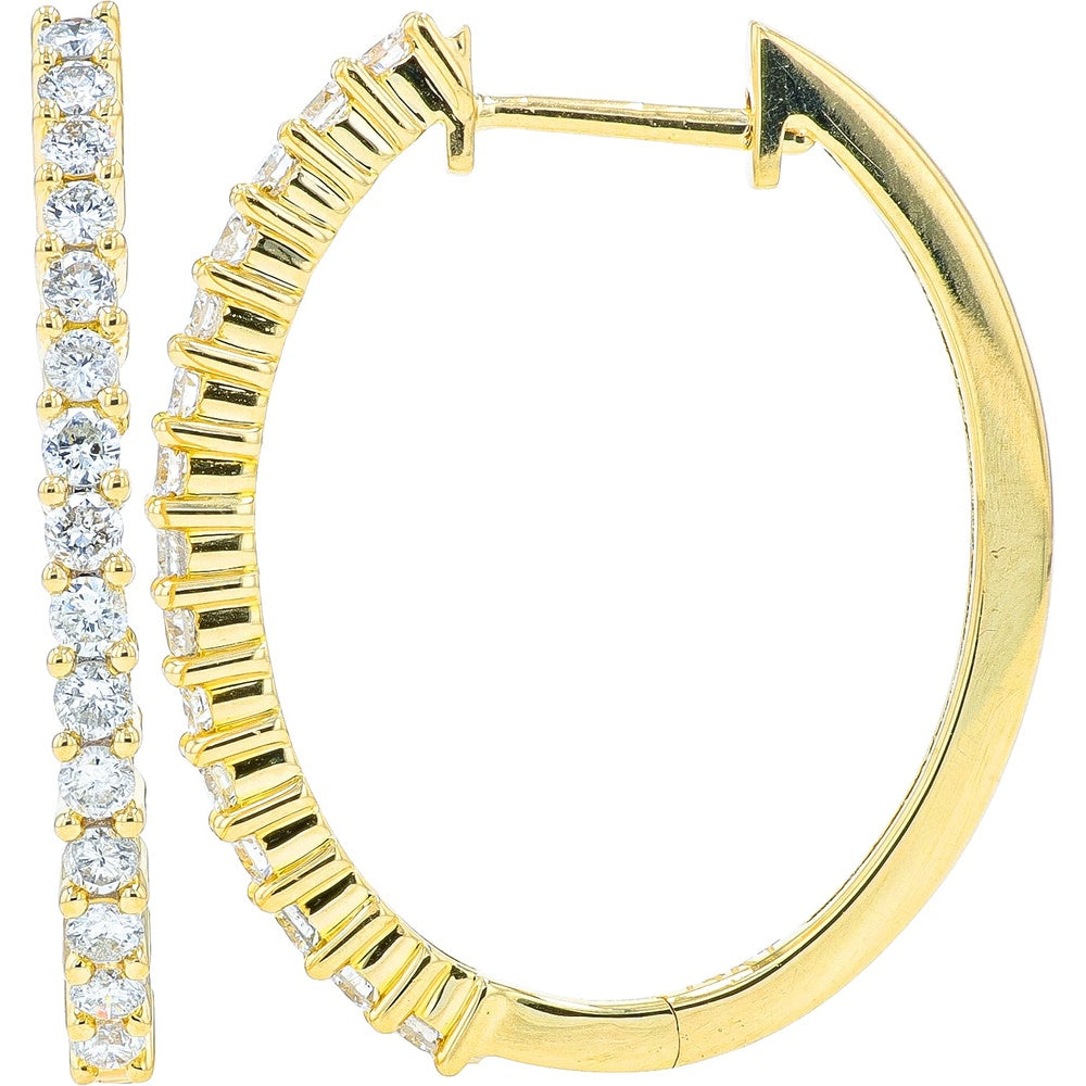 14K Yellow Gold Medium Hoop Earrings with Prong-Set Round Diamonds - 0.65 Carat Total Diamond Weight