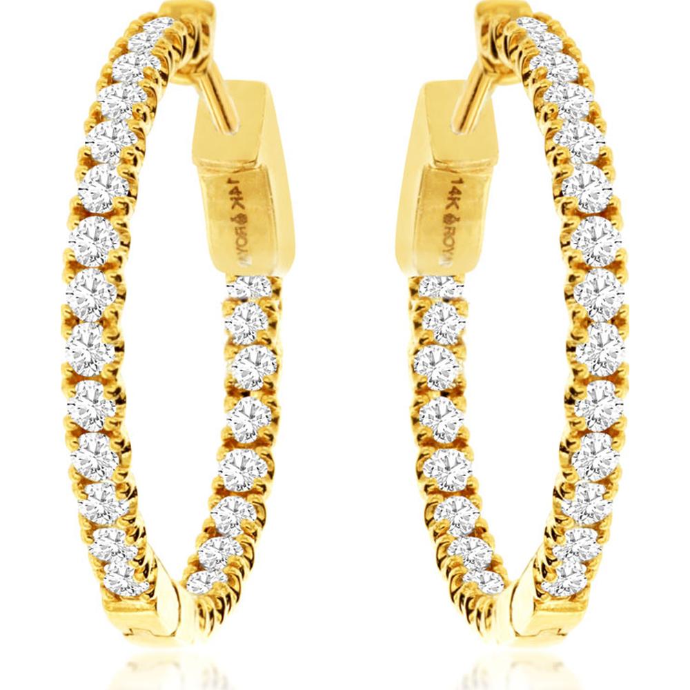 14K Yellow Gold Medium Hoop Earrings with Round Prong-Set Diamonds - 1.00 Carat Total Diamond Weight - Royal Jewelry