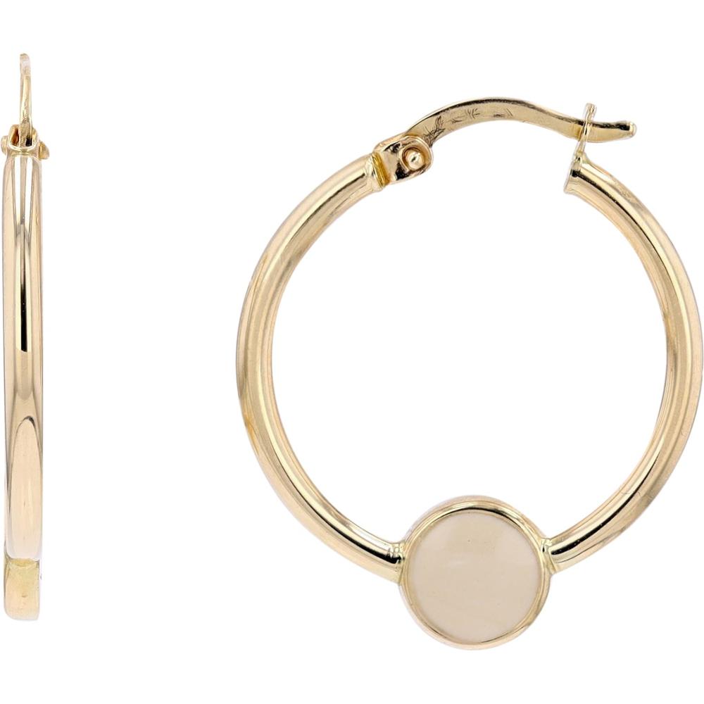 14K Yellow Gold Medium Hoop Earrings with White Enamel Disc Accents
