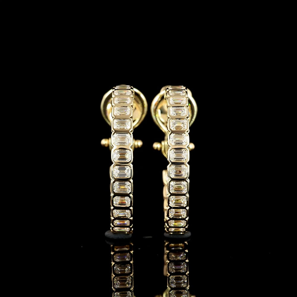 14K Yellow Gold Medium Omega Hoop Earrings with Bezel-Set Emerald Cut Lab Diamonds - 2.57 Carat Total Diamond Weight - Covaloro Fine Jewelry