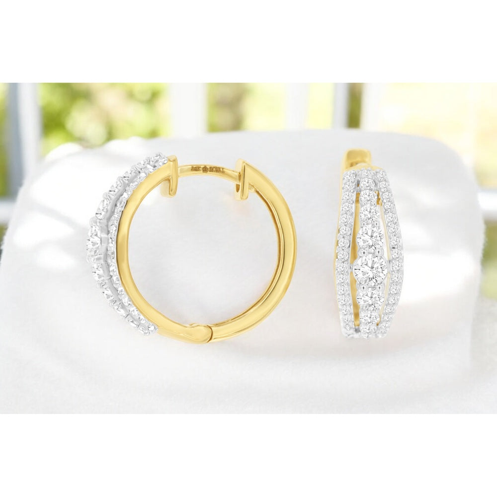 14K Yellow Gold Medium Split-Hoop Earrings with Prong-Set Round Brilliant Diamonds - 0.90 Carat Total Diamond Weight - Royal Jewelry