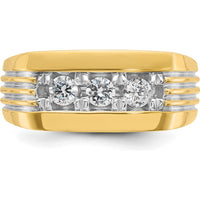 14K Yellow Gold Men's 3-Stone Diamond Ring with Grooved Band and White Rhodium - 0.51 Carats Total Diamond Weight by IBGoodman