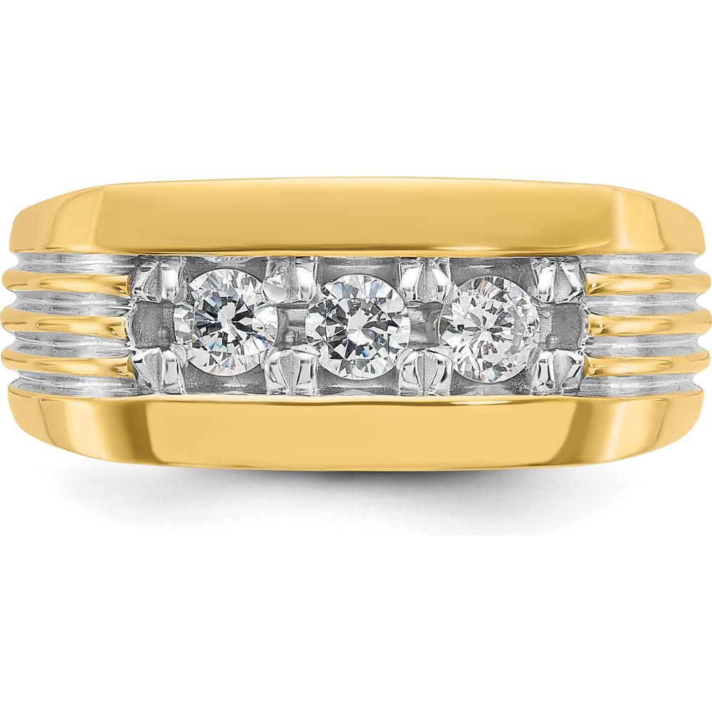 14K Yellow Gold Men's 3-Stone Diamond Ring with Grooved Band and White Rhodium - 0.51 Carats Total Diamond Weight by IBGoodman