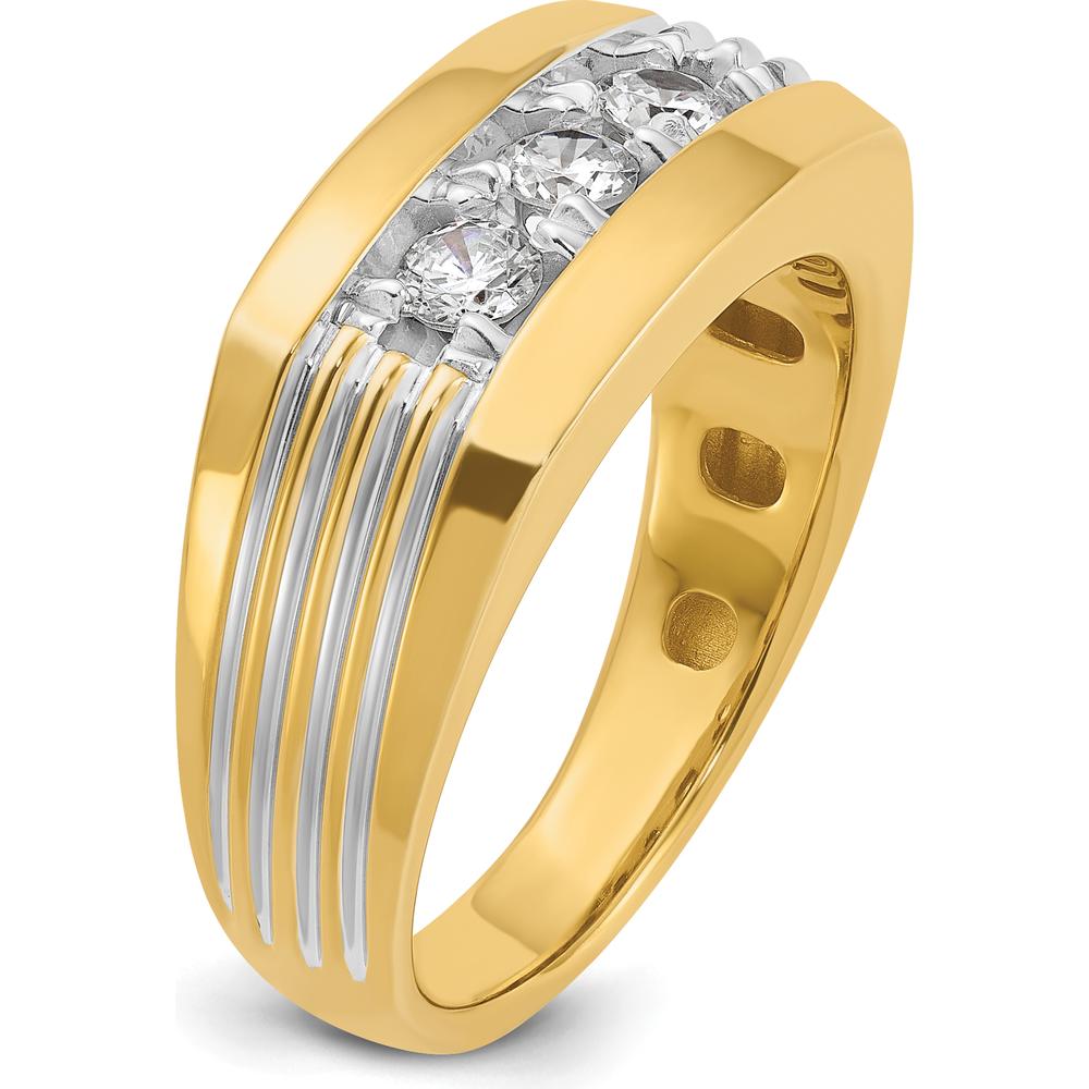 14K Yellow Gold Men's 3-Stone Diamond Ring with Grooved Band and White Rhodium - 0.51 Carats Total Diamond Weight by IBGoodman