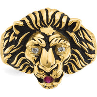 14K Yellow Gold Men's Antiqued Lion Ring with Diamond and Ruby - 0.10 Carats Total Gem Weight by IBGoodman