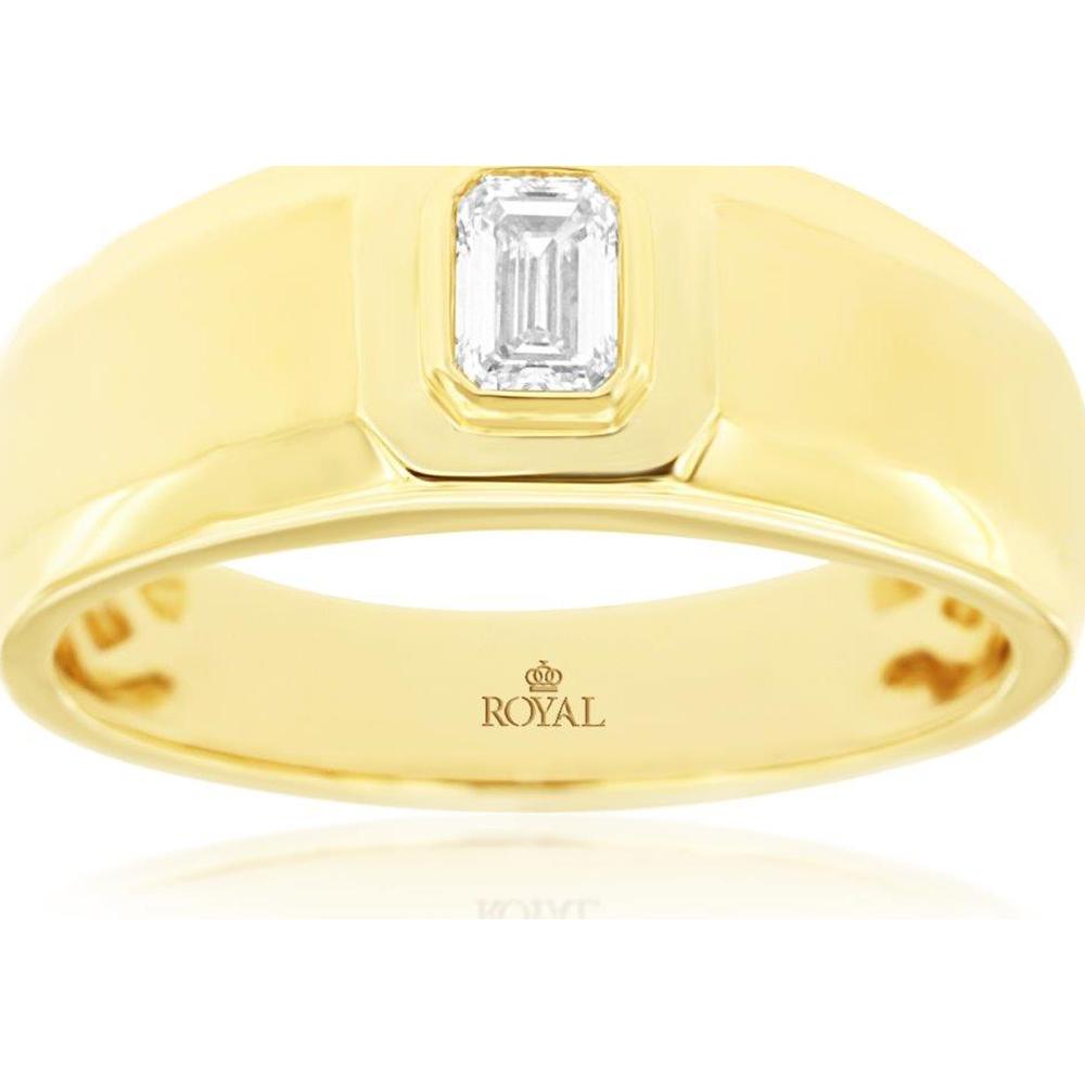 14K Yellow Gold Men's Band Ring with Bezel-Set Emerald Cut Diamond - 0.33 Carat Diamond Weight - Royal Jewelry