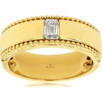 14K Yellow Gold Men's Band Ring with Emerald Cut Diamond and Beaded Milgrain-Style Edges - 0.40 Carat Diamond Weight - Royal Jewelry