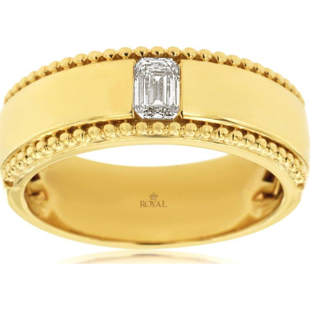 14K Yellow Gold Men's Band Ring with Emerald Cut Diamond and Beaded Milgrain-Style Edges - 0.40 Carat Diamond Weight - Royal Jewelry