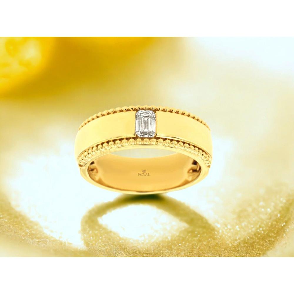 14K Yellow Gold Men's Band Ring with Emerald Cut Diamond and Beaded Milgrain-Style Edges - 0.40 Carat Diamond Weight - Royal Jewelry