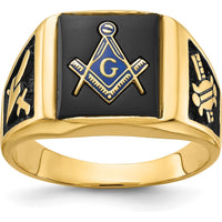 14K Yellow Gold Men's Black Enamel Masonic Ring with Engraved Symbols and Polished Tapered Band by IBGoodman