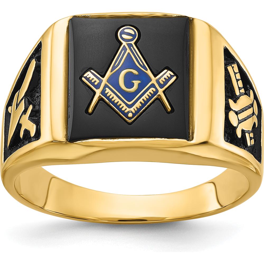 14K Yellow Gold Men's Black Enamel Masonic Ring with Engraved Symbols and Polished Tapered Band by IBGoodman