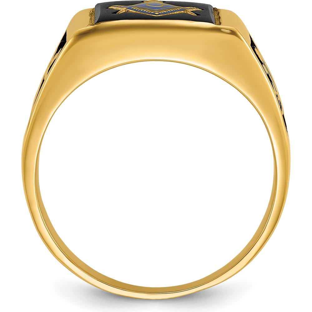 14K Yellow Gold Men's Black Enamel Masonic Ring with Engraved Symbols and Polished Tapered Band by IBGoodman