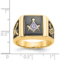 14K Yellow Gold Men's Black Enamel Masonic Ring with Engraved Symbols and Polished Tapered Band by IBGoodman