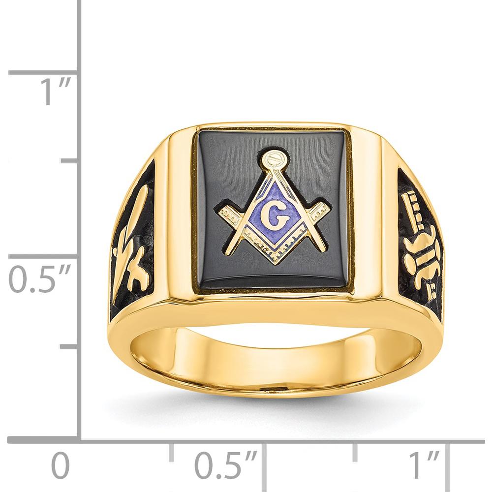 14K Yellow Gold Men's Black Enamel Masonic Ring with Engraved Symbols and Polished Tapered Band by IBGoodman