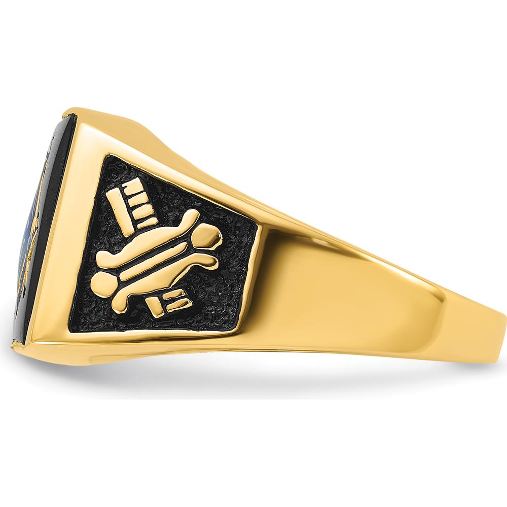 14K Yellow Gold Men's Black Enamel Masonic Ring with Engraved Symbols and Polished Tapered Band by IBGoodman