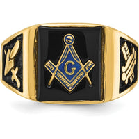 14K Yellow Gold Men's Black Enamel Masonic Ring with Engraved Symbols and Polished Tapered Band by IBGoodman