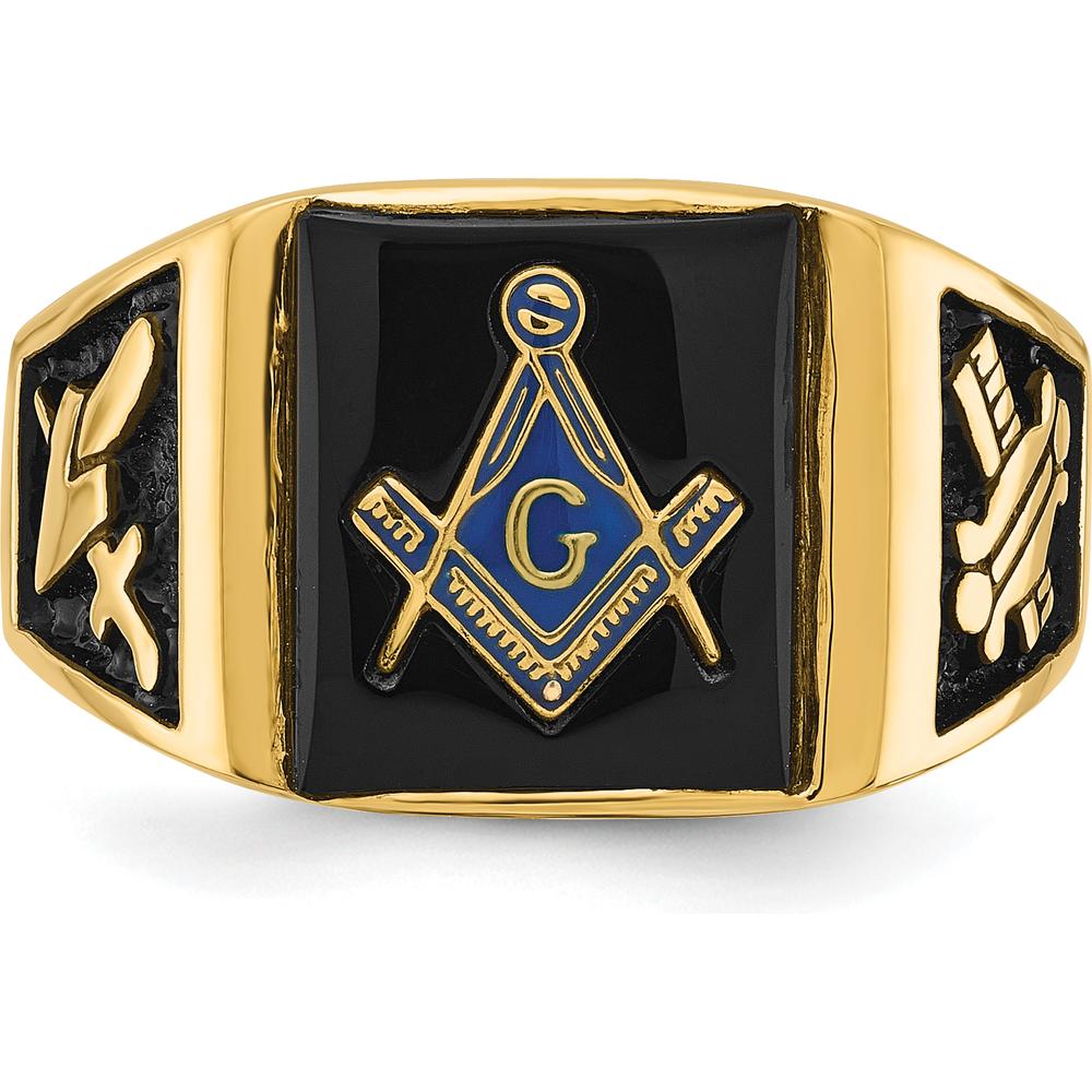 14K Yellow Gold Men's Black Enamel Masonic Ring with Engraved Symbols and Polished Tapered Band by IBGoodman