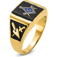 14K Yellow Gold Men's Black Enamel Masonic Ring with Engraved Symbols and Polished Tapered Band by IBGoodman