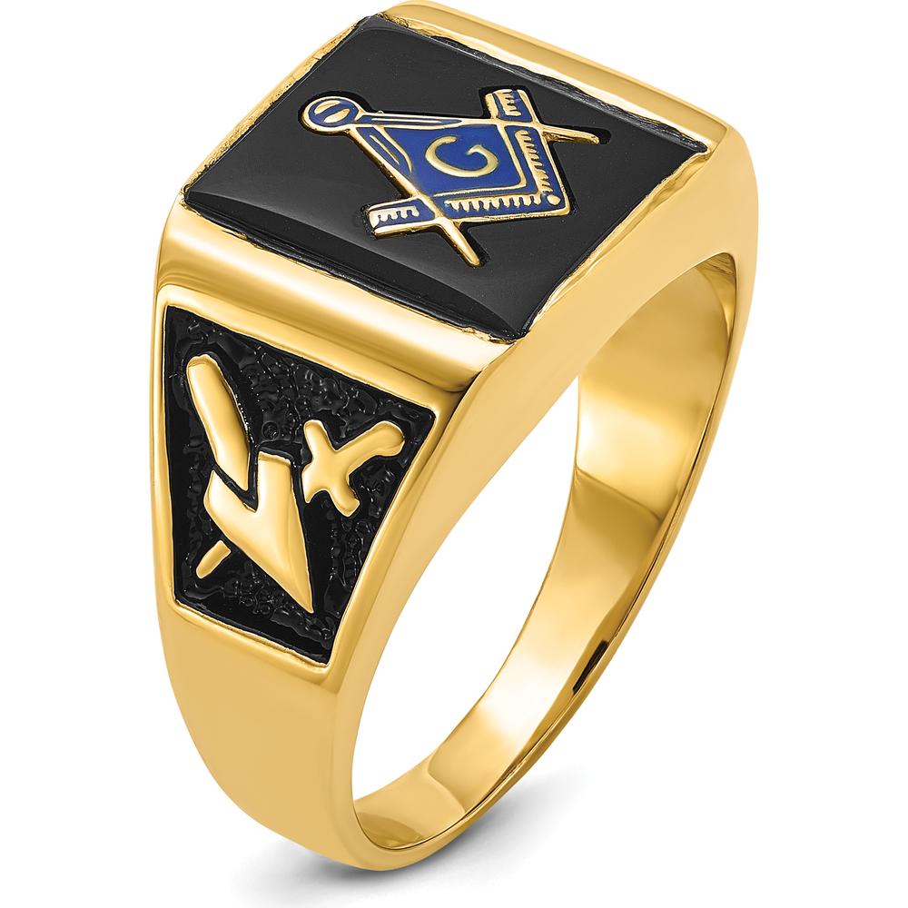 14K Yellow Gold Men's Black Enamel Masonic Ring with Engraved Symbols and Polished Tapered Band by IBGoodman