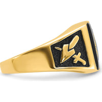 14K Yellow Gold Men's Black Enamel Masonic Ring with Engraved Symbols and Polished Tapered Band by IBGoodman