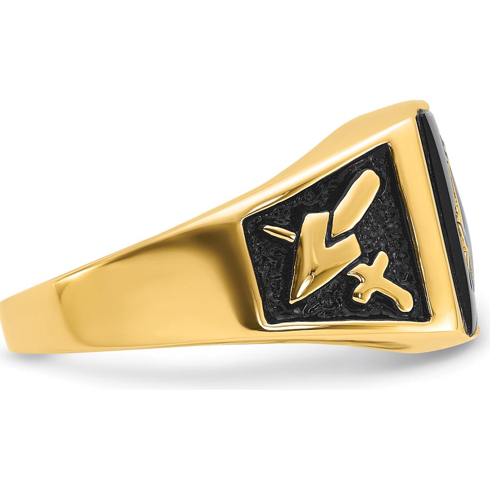 14K Yellow Gold Men's Black Enamel Masonic Ring with Engraved Symbols and Polished Tapered Band by IBGoodman