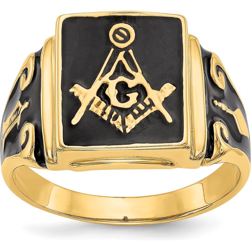14K Yellow Gold Men's Black Enamel Masonic Ring with Polished Compass and Square Emblem by Monteluci Fine Jewelry