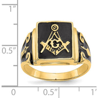 14K Yellow Gold Men's Black Enamel Masonic Ring with Polished Compass and Square Emblem by Monteluci Fine Jewelry