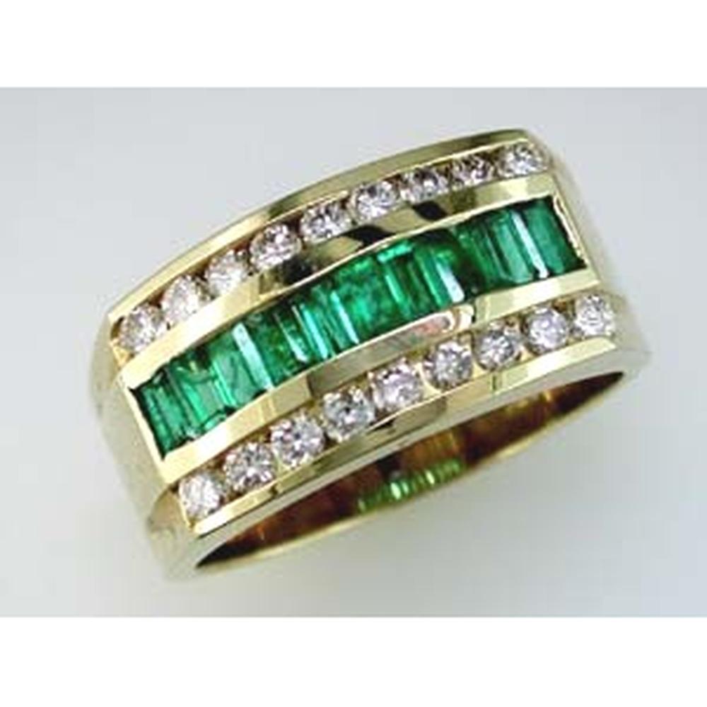 14K Yellow Gold Men's Channel Set Ring with Baguette Cut Emeralds and Round Diamonds - 1.50 Carat Emerald Total Weight, 0.90 Carat Diamond Total Weight - Royal Jewelry