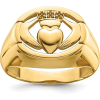 14K Yellow Gold Men's Claddagh Ring with Crowned Heart and Hands Motif by Oro Pregiato