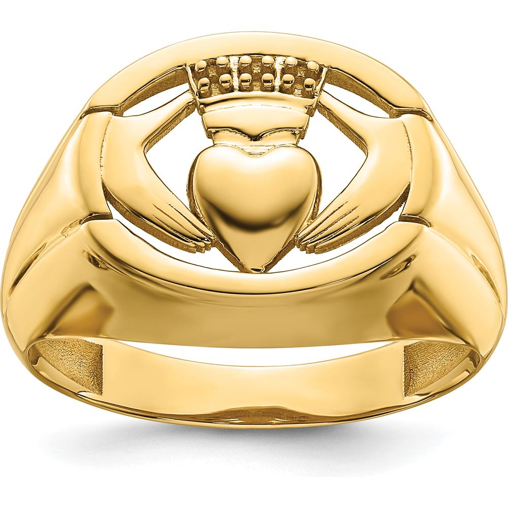 14K Yellow Gold Men's Claddagh Ring with Crowned Heart and Hands Motif by Oro Pregiato