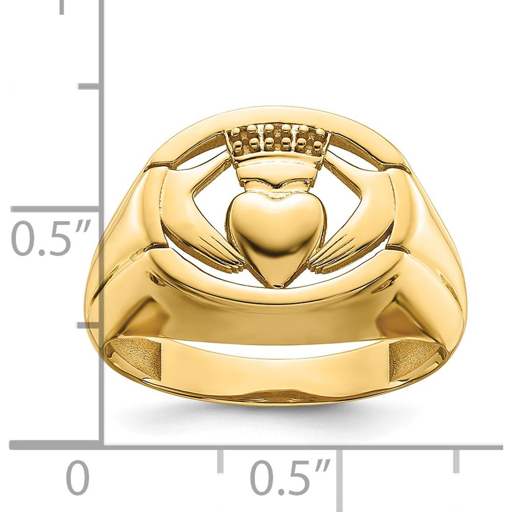 14K Yellow Gold Men's Claddagh Ring with Crowned Heart and Hands Motif by Oro Pregiato