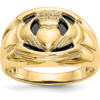 14K Yellow Gold Men's Claddagh Ring with Diamonds and Onyx - 0.003 Carat Total Diamond Weight by Oro Pregiato