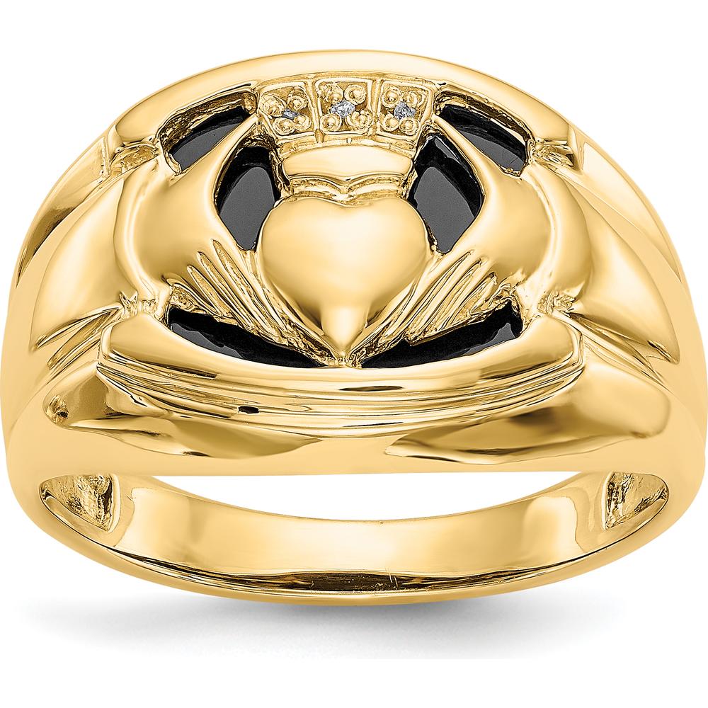 14K Yellow Gold Men's Claddagh Ring with Diamonds and Onyx - 0.003 Carat Total Diamond Weight by Oro Pregiato