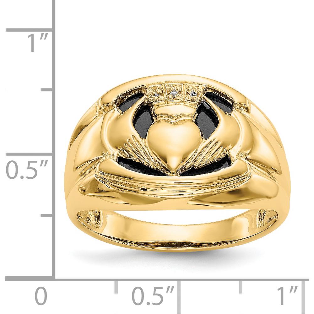 14K Yellow Gold Men's Claddagh Ring with Diamonds and Onyx - 0.003 Carat Total Diamond Weight by Oro Pregiato