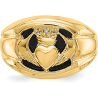 14K Yellow Gold Men's Claddagh Ring with Diamonds and Onyx - 0.003 Carat Total Diamond Weight by Oro Pregiato