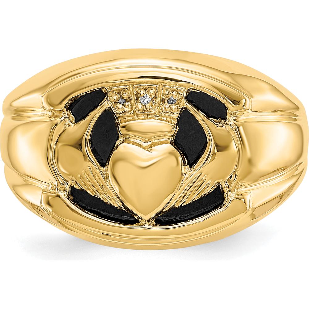 14K Yellow Gold Men's Claddagh Ring with Diamonds and Onyx - 0.003 Carat Total Diamond Weight by Oro Pregiato