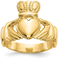 14K Yellow Gold Men's Claddagh Ring with Textured Band and Polished Finish by Oro Pregiato