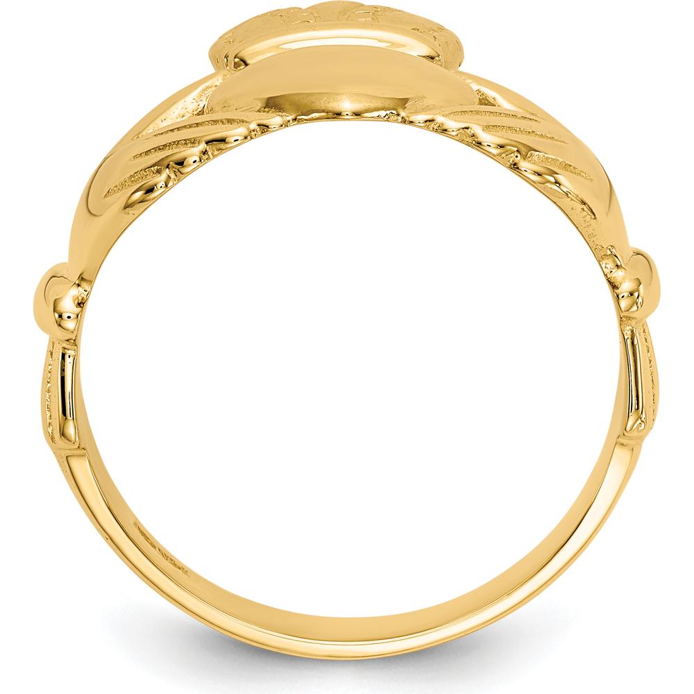 14K Yellow Gold Men's Claddagh Ring with Textured Band and Polished Finish by Oro Pregiato