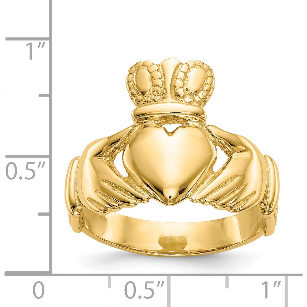 14K Yellow Gold Men's Claddagh Ring with Textured Band and Polished Finish by Oro Pregiato