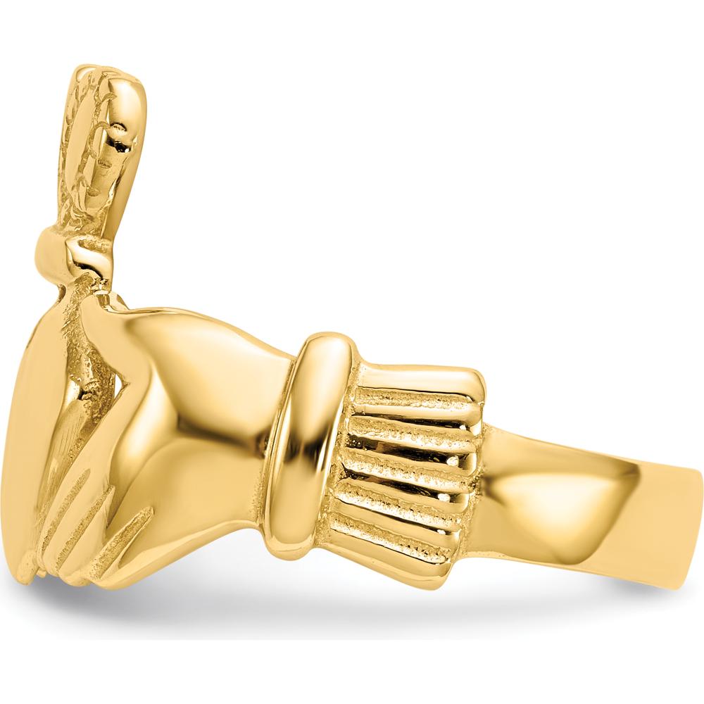 14K Yellow Gold Men's Claddagh Ring with Textured Band and Polished Finish by Oro Pregiato