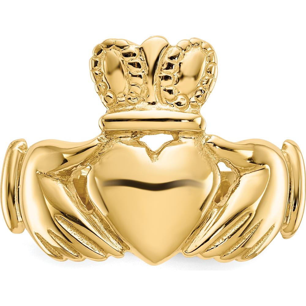 14K Yellow Gold Men's Claddagh Ring with Textured Band and Polished Finish by Oro Pregiato