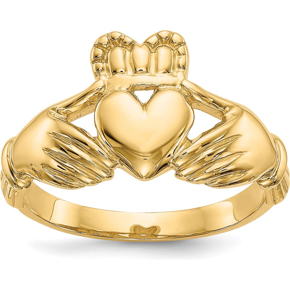 14K Yellow Gold Men's Claddagh Ring with Textured Band - Symbol of Love and Loyalty by Oro Pregiato